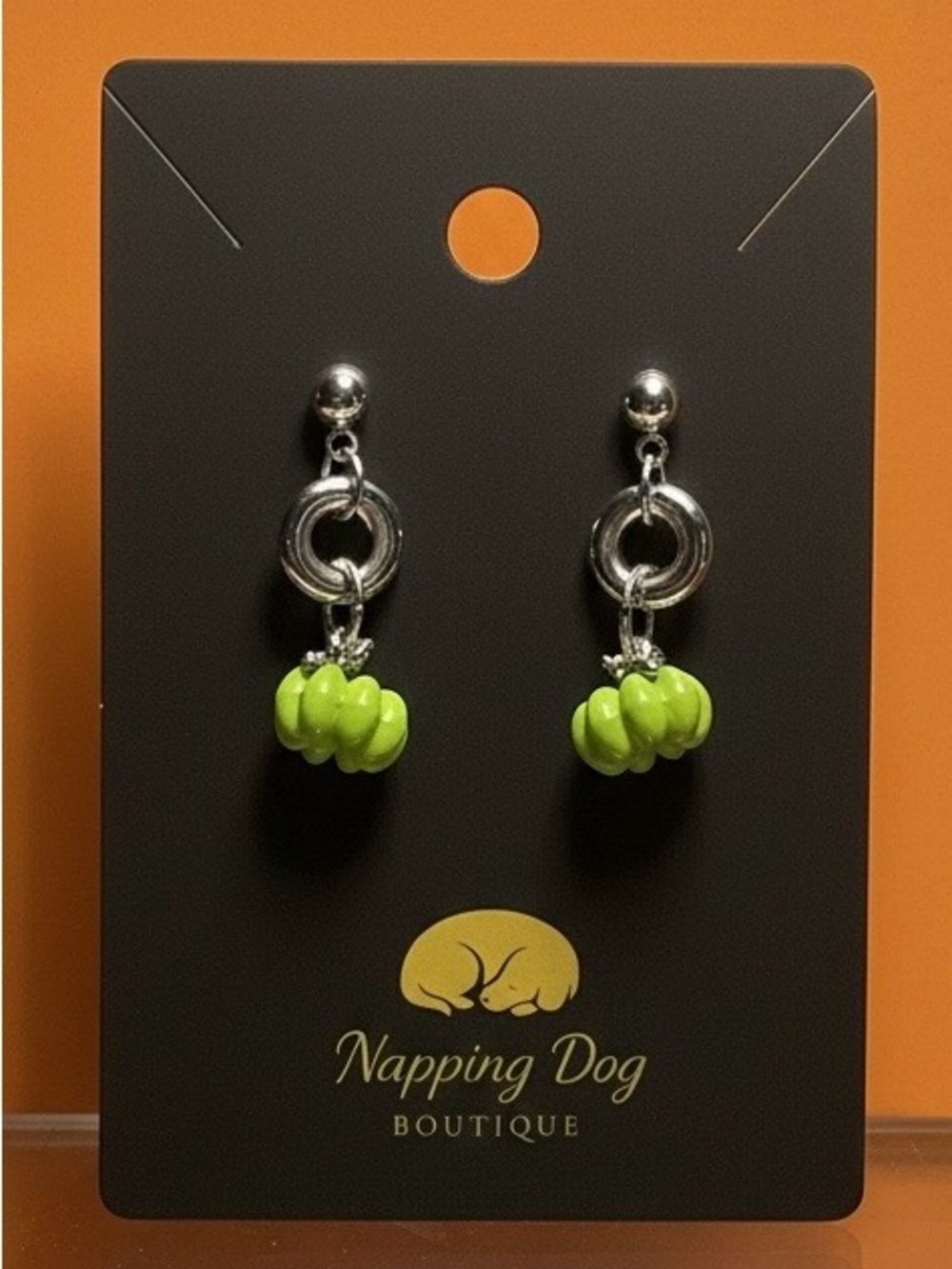 Ceramic Green Pumpkin Dangle Earrings – Silver-Tone Fall Earrings